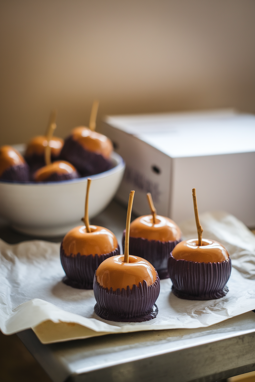 A softly lit indoor work surface featuring shiny caramel-coated apples dipped half-way in dark purple candy shell, set on parchment. Photo only, no text or logos.