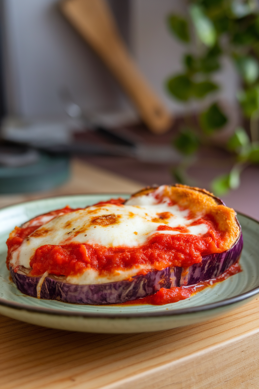 Slice of baked eggplant Parmesan with melted mozzarella and tomato sauce on a plate, indoor view. No text or logos. Photo.