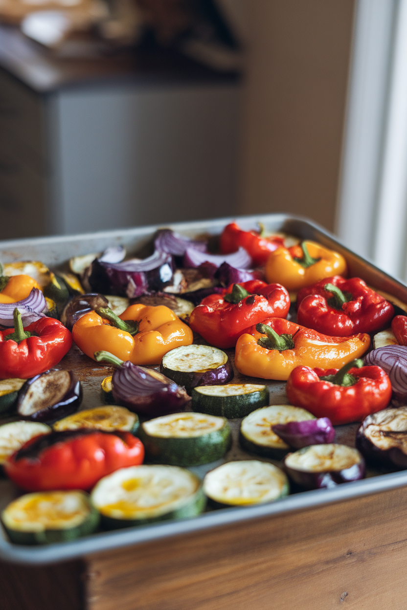Indoor photo of a sheet pan filled with roasted bell peppers, zucchini, red onions, and eggplant glistening with olive oil; no text or logos