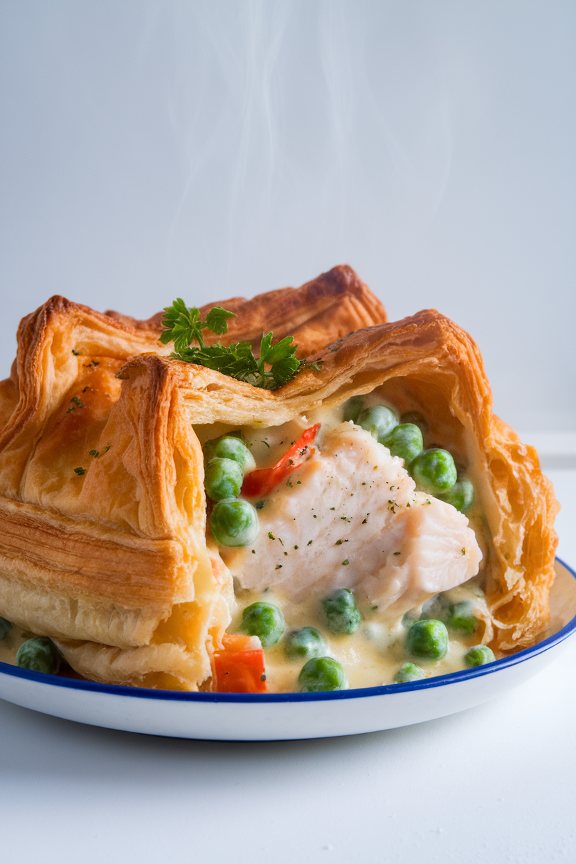 Indoor plate of puff-pastry shell overflowing with creamy cod, peas, and diced bell pepper, steam visible. No text or logos.