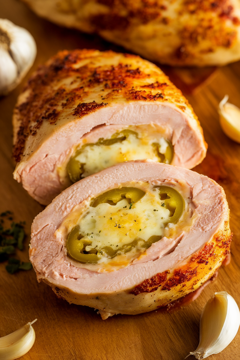 Indoor photo of halved stuffed chicken breast showing creamy jalapeño and cheese center with garlic; warm oven lighting, no text or logos