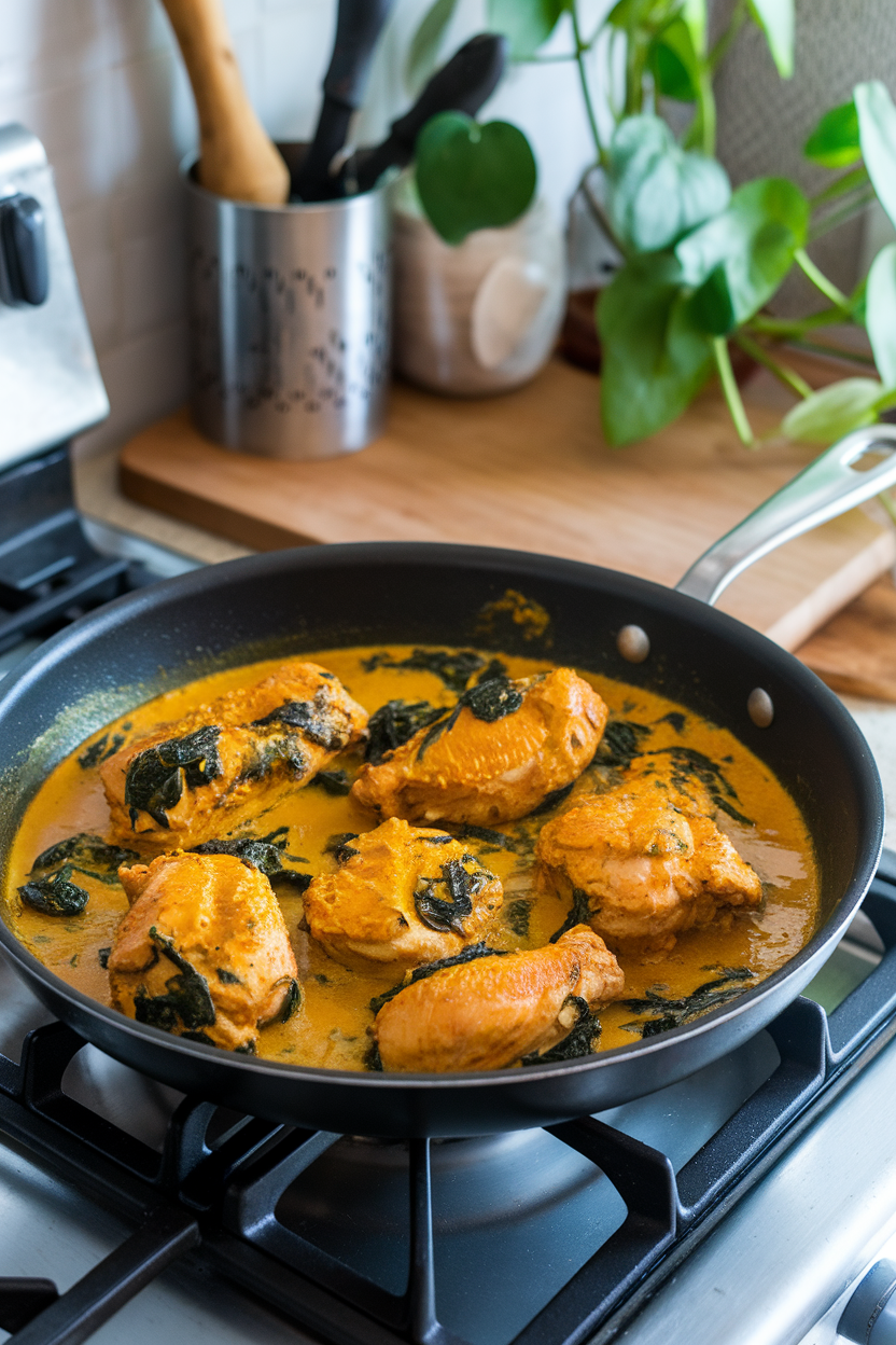 A skillet on an indoor stovetop containing chicken pieces in golden turmeric coconut sauce with spinach. Photo only, no text or logos.