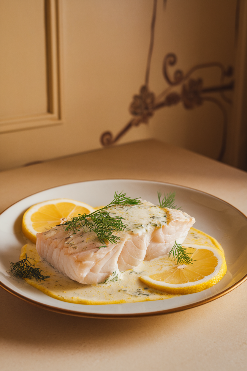 Warmly lit indoor plate of cod fillet draped in lemon-tinted cream flecked with fresh dill, garnished with a thin lemon wheel. No text or logos.