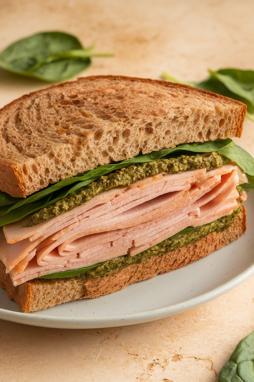 An indoor photo of a whole-grain sandwich cut diagonally, showing sliced turkey, fresh spinach, and a generous spread of pesto, no text or logos.