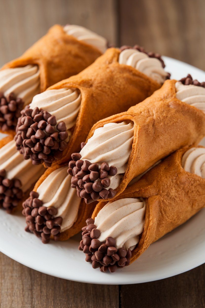Indoor photo of crisp cannoli shells piped with pumpkin-spiced ricotta filling, ends dipped in mini chocolate chips. No text or logos.