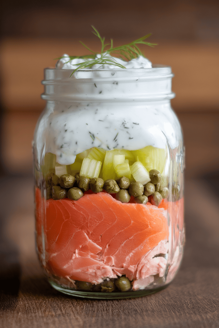 Indoor shot of a mason jar layered with flaked salmon, capers, diced celery, and dill yogurt dressing at the bottom. No logos.
