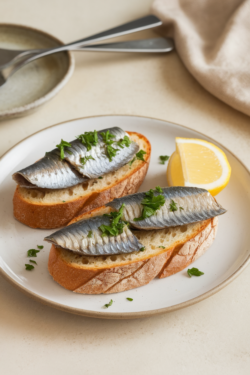An indoor plate featuring two slices of toasted country bread topped with cooked, canned sardine fillets, chopped parsley, and a squeeze of lemon. No text or logos. Photo, not illustration.