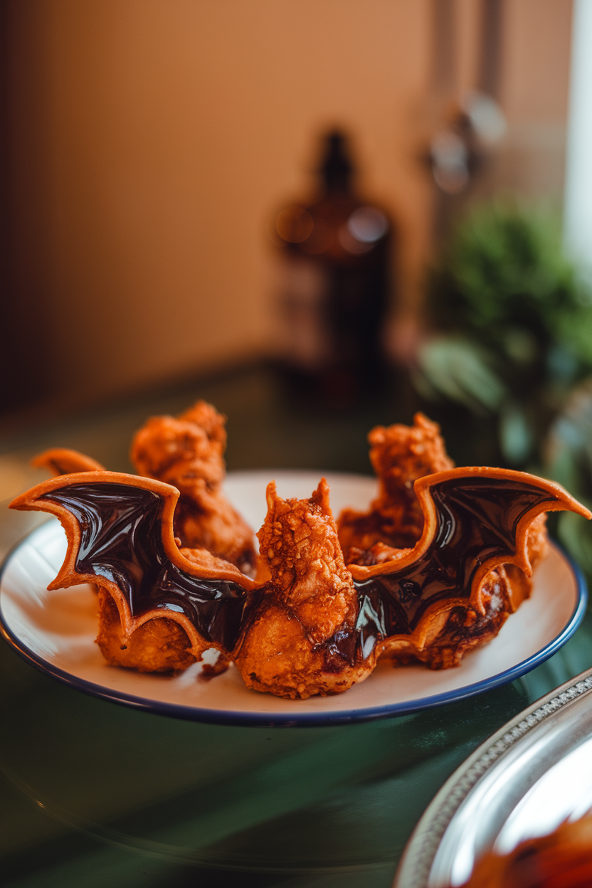 A plate of crispy baked chicken drummettes coated in a dark soy-molasses glaze, wings arranged in a bat-wing pattern on an indoor table. Photo, no text or logos.