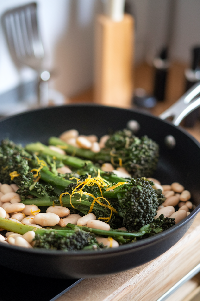 An indoor skillet containing sautéed broccoli rabe, cannellini beans, and garlic slivers, finished with lemon zest. No logos or text; photography only.
