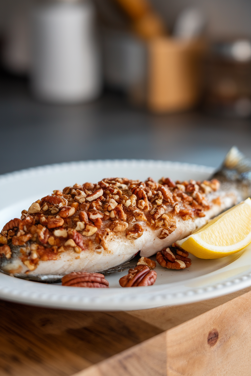 Indoor photo of cooked trout fillet coated in crushed pecans on a white plate with lemon wedge, no text or logos. Photo only.