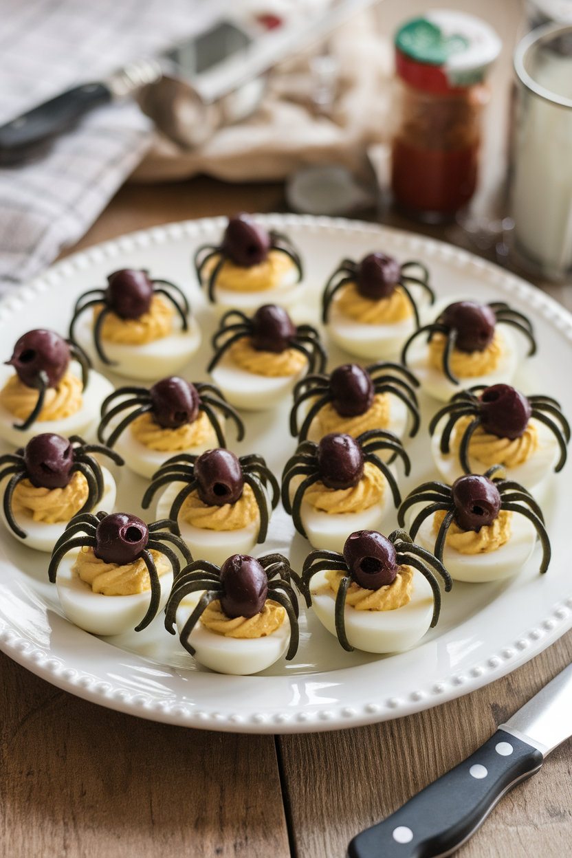 Photo of halved deviled eggs on a white platter, each topped with a black olive “spider” made from sliced olives. Indoor setting, no text or logos.