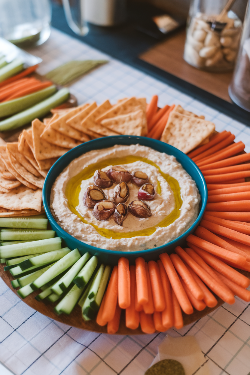 Indoor appetizer table with a bowl of creamy white bean dip topped with roasted garlic cloves and olive oil, surrounded by carrot sticks, pita chips, and cucumber spears. No text or logos. Photo only.