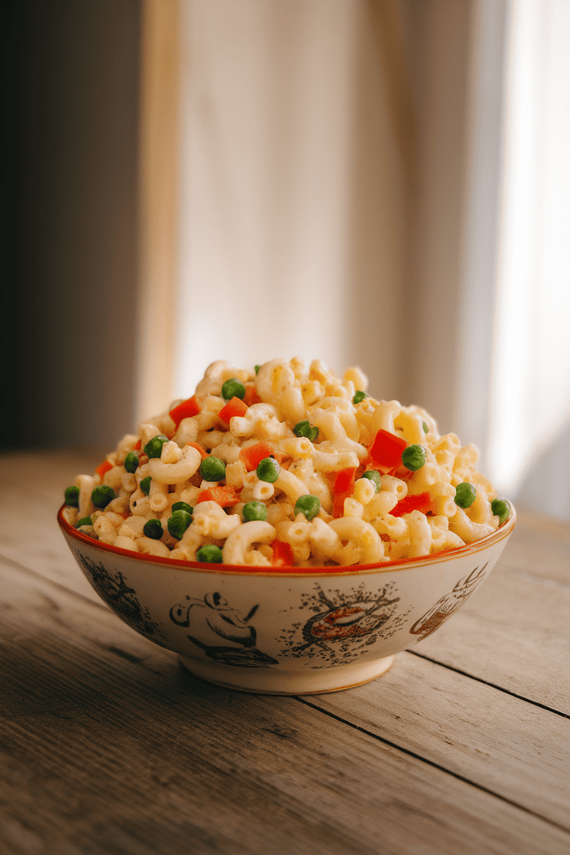 Photo of a vintage-style bowl of macaroni salad dotted with peas and diced bell pepper indoors under soft light. No logos or text present.