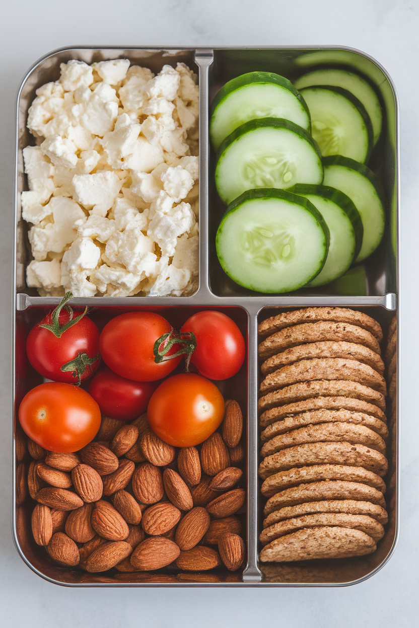 Indoor photo of a divided lunchbox tray containing cottage cheese, cucumber rounds, cherry tomatoes, whole-grain crackers, and a handful of almonds. Gentle overhead lighting, no logos or text.