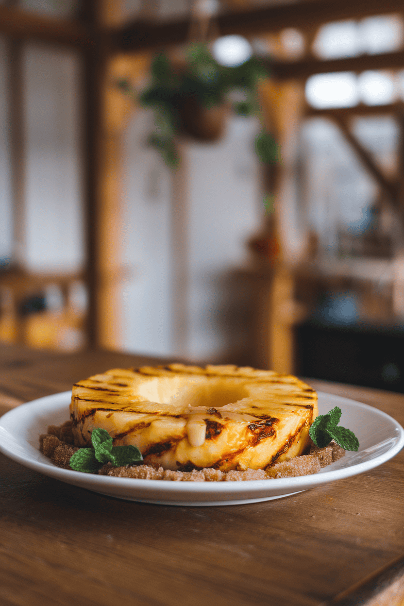 A white plate on an indoor table holding grilled pineapple rings with light char marks, honey glaze brushed on top. No text or logos; photo only.