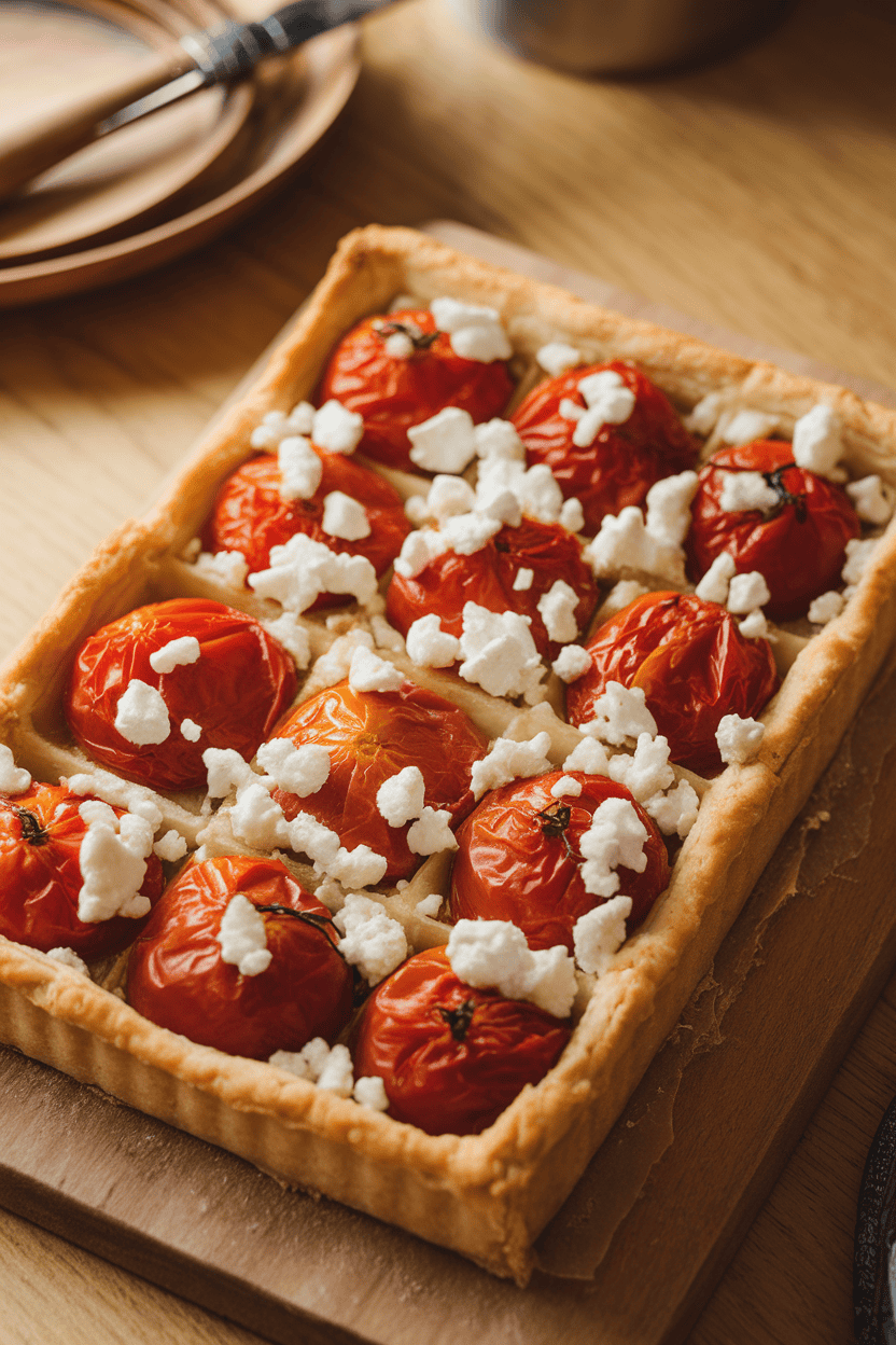 Indoor photo of rectangular puff-pastry tart topped with roasted grape tomatoes and crumbled goat cheese, sliced into squares. No text or logos.