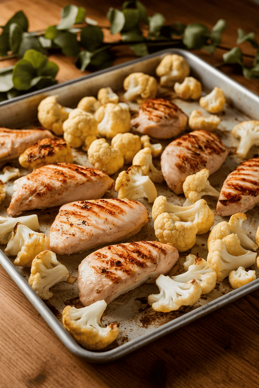 Indoor table with a sheet pan of roasted chicken breast strips and cauliflower florets browned at edges, no logos