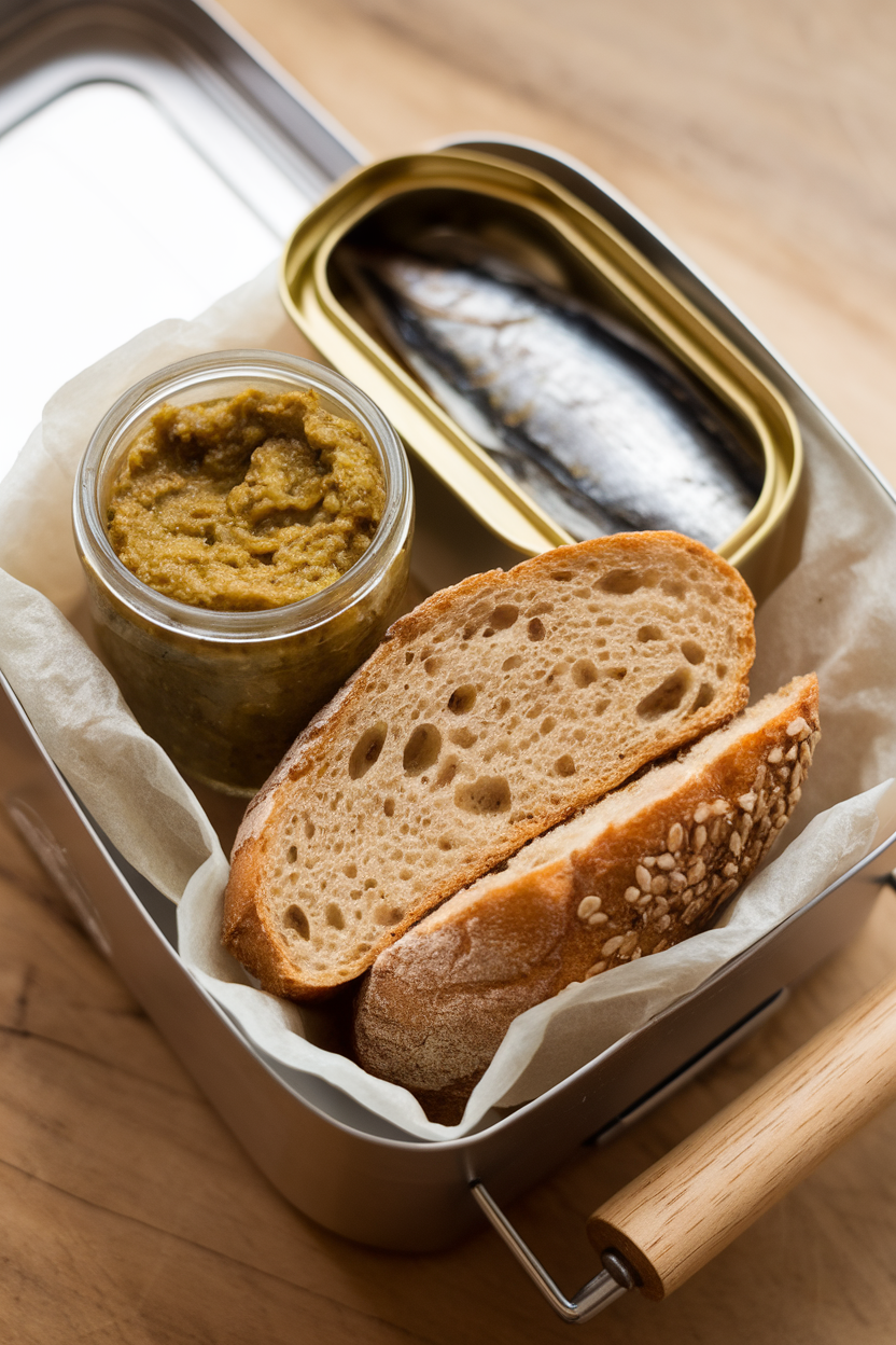 Indoor photo of a small container of olive tapenade, a tin of sardines, and slices of toasted whole-grain bread packed separately in a lunchbox. No logos.