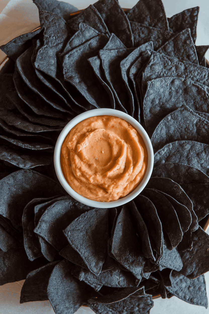 Overhead indoor photo of dark blue corn tortilla chips fanned out like bat wings around a bowl of smoky chipotle queso. No text or logos.