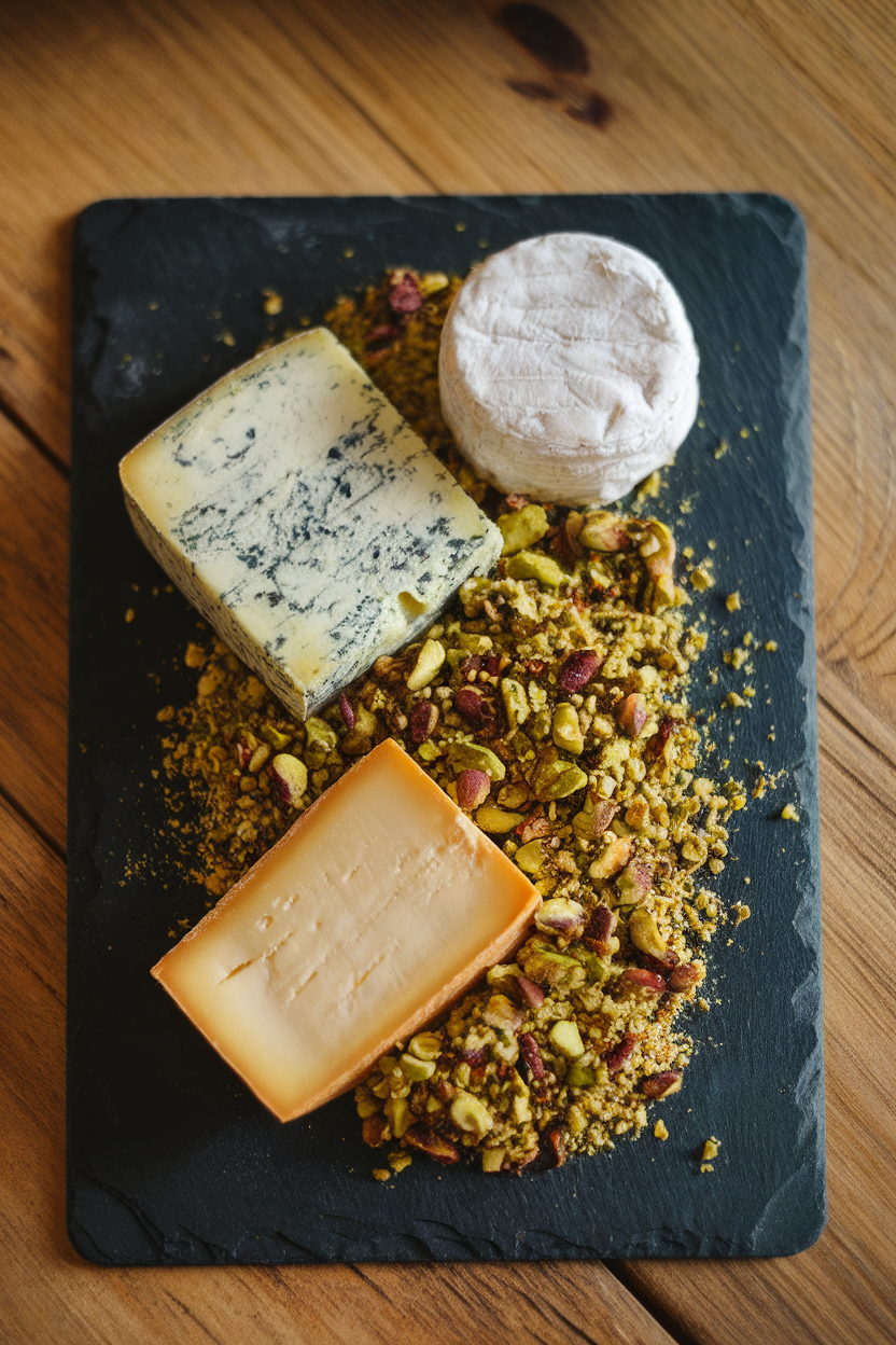 Photo of a slate board with green-veined blue cheese, herb rolled goat cheese, and pistachio gremolata crumb, indoor lighting. No text or logos.