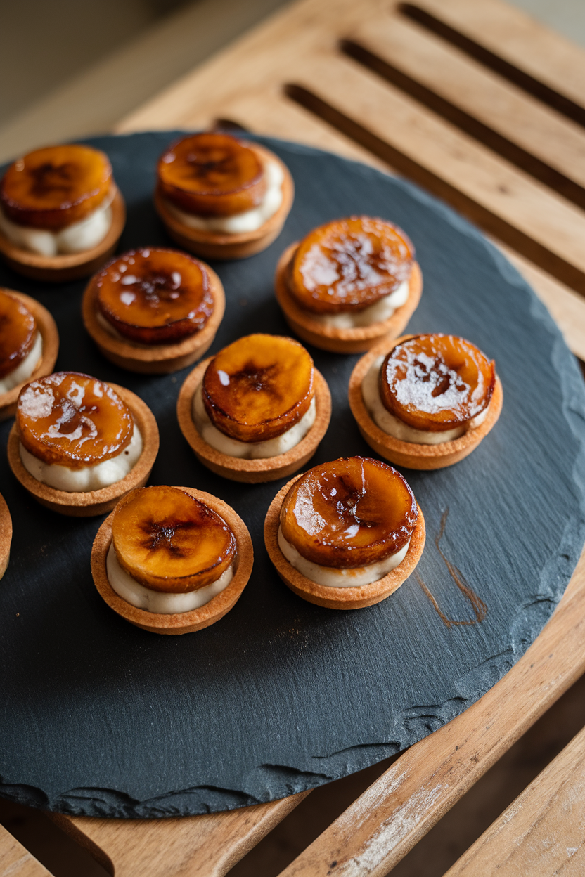 Indoor photo of small tartlets topped with caramelized banana slices and a glossy glaze, arranged on a slate platter. No text or logos.
