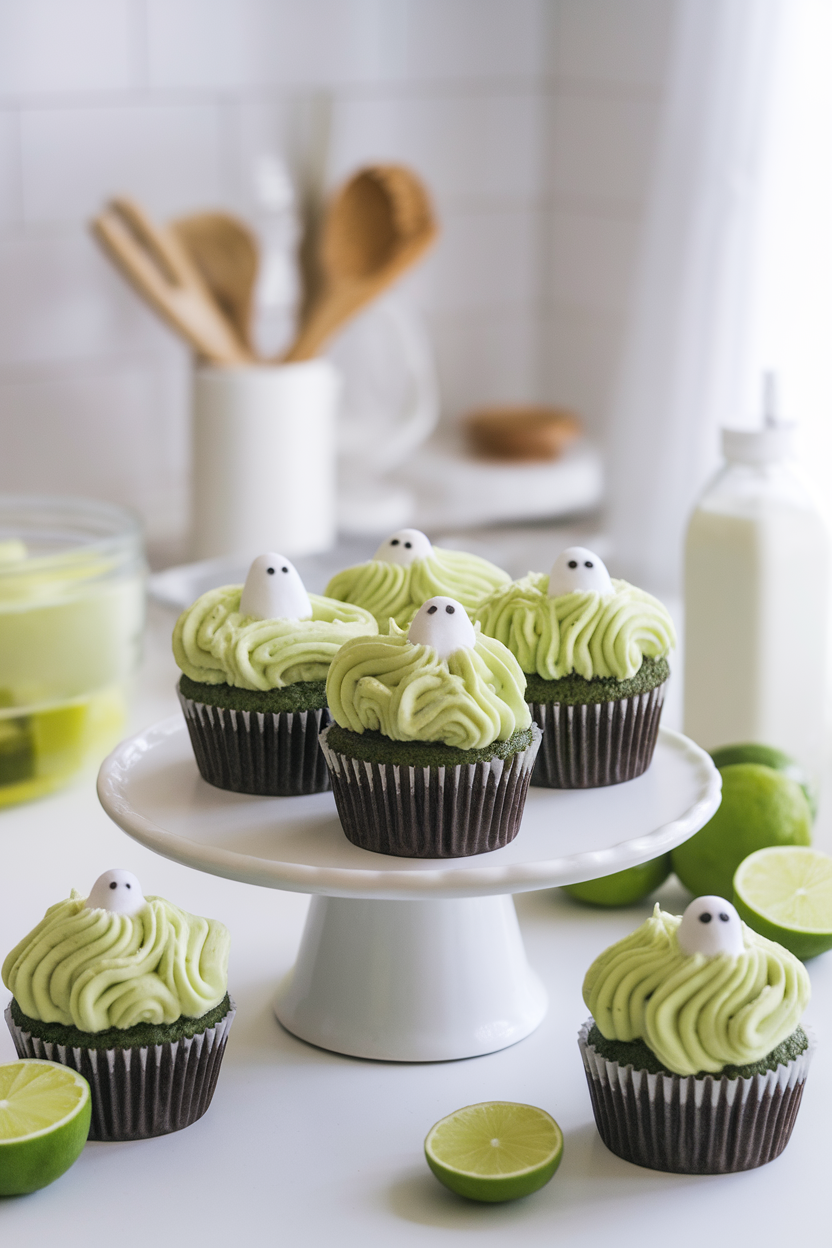Indoor bright kitchen showing key lime cupcakes with pale green frosting swoops and tiny white meringue ghosts floating on top, no text or logos.