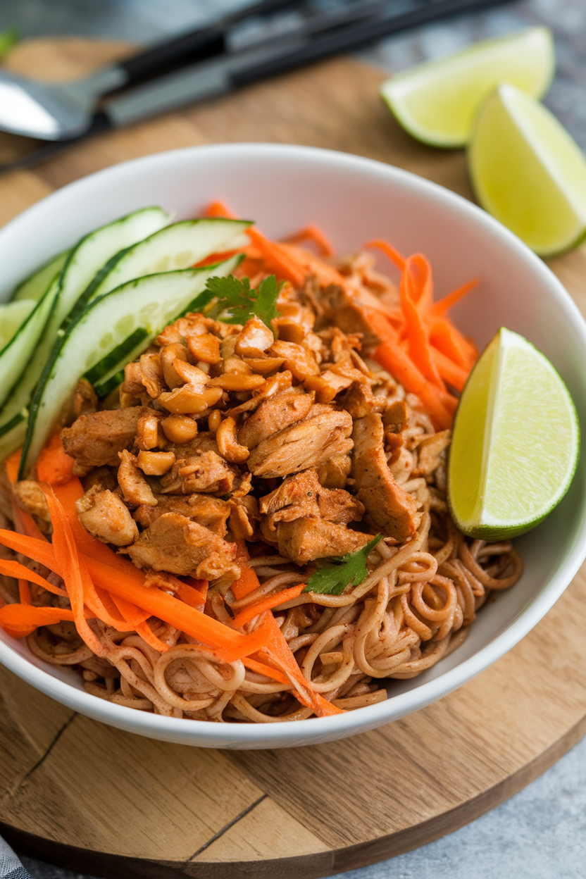 Photo indoors of a bowl of brown rice noodles tossed with spicy peanut chicken, shredded carrots, cucumber ribbons, and lime wedges. No logos or text anywhere.