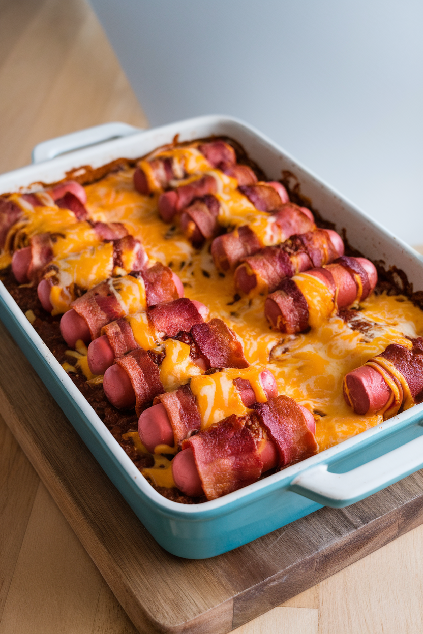 Indoor photo of casserole dish with layered hot dogs, chili, and melted cheese on top, no text or logos. Photo only.