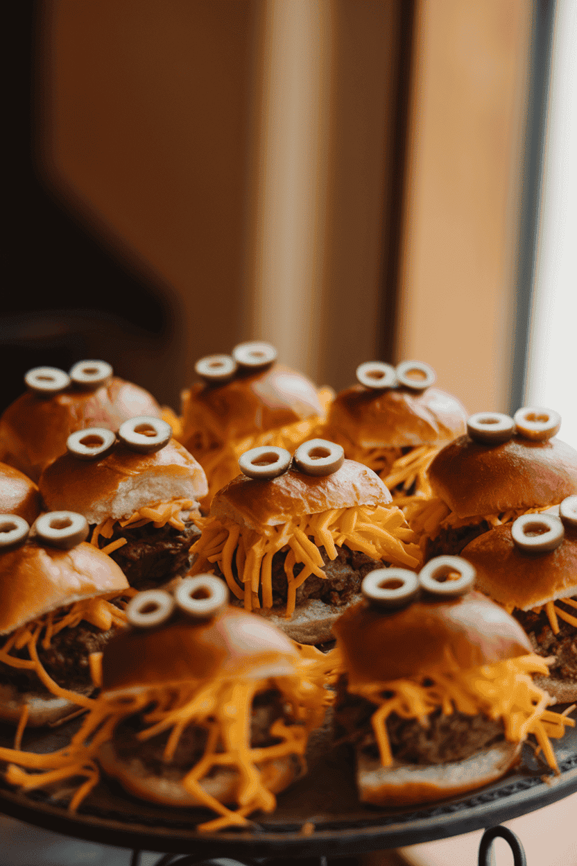 Indoor platter of mini beef sliders with shaggy shredded cheese “fur” and olive slice eyes. Warm lighting, no logos.