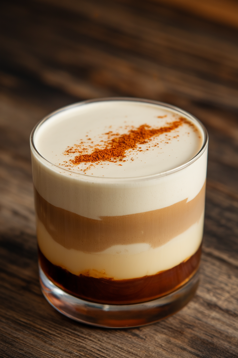 Photo of an indoor rocks glass with a layered chai-spiced white Russian, cream swirling through coffee liqueur, a light dusting of chai spice on top. No text or logos in scene.