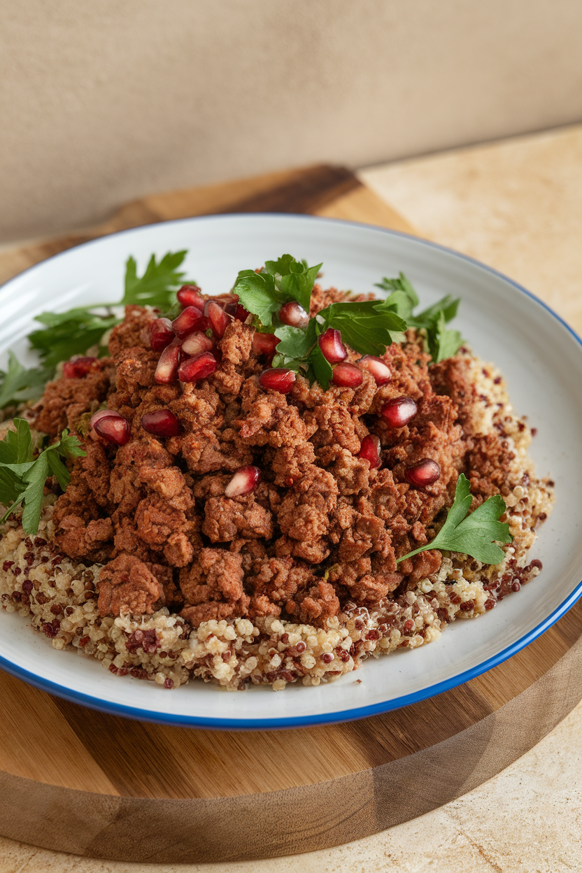 Indoor plate showing spiced ground lamb crumbles scattered over quinoa with parsley and pomegranate seeds; no text or logos.