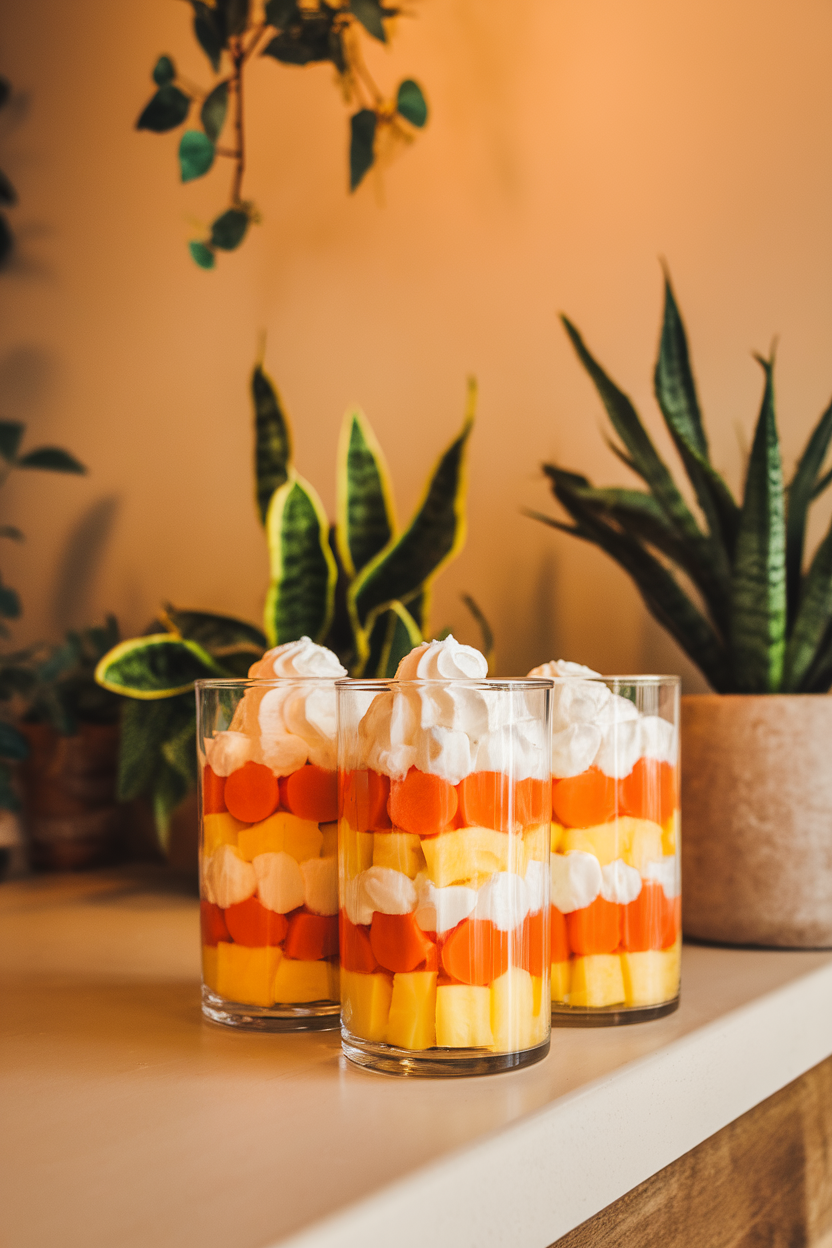 Clear tumblers layered with pineapple, mandarin oranges, and whipped cream to mimic candy corn, on an indoor counter. Photo, no text or logos.