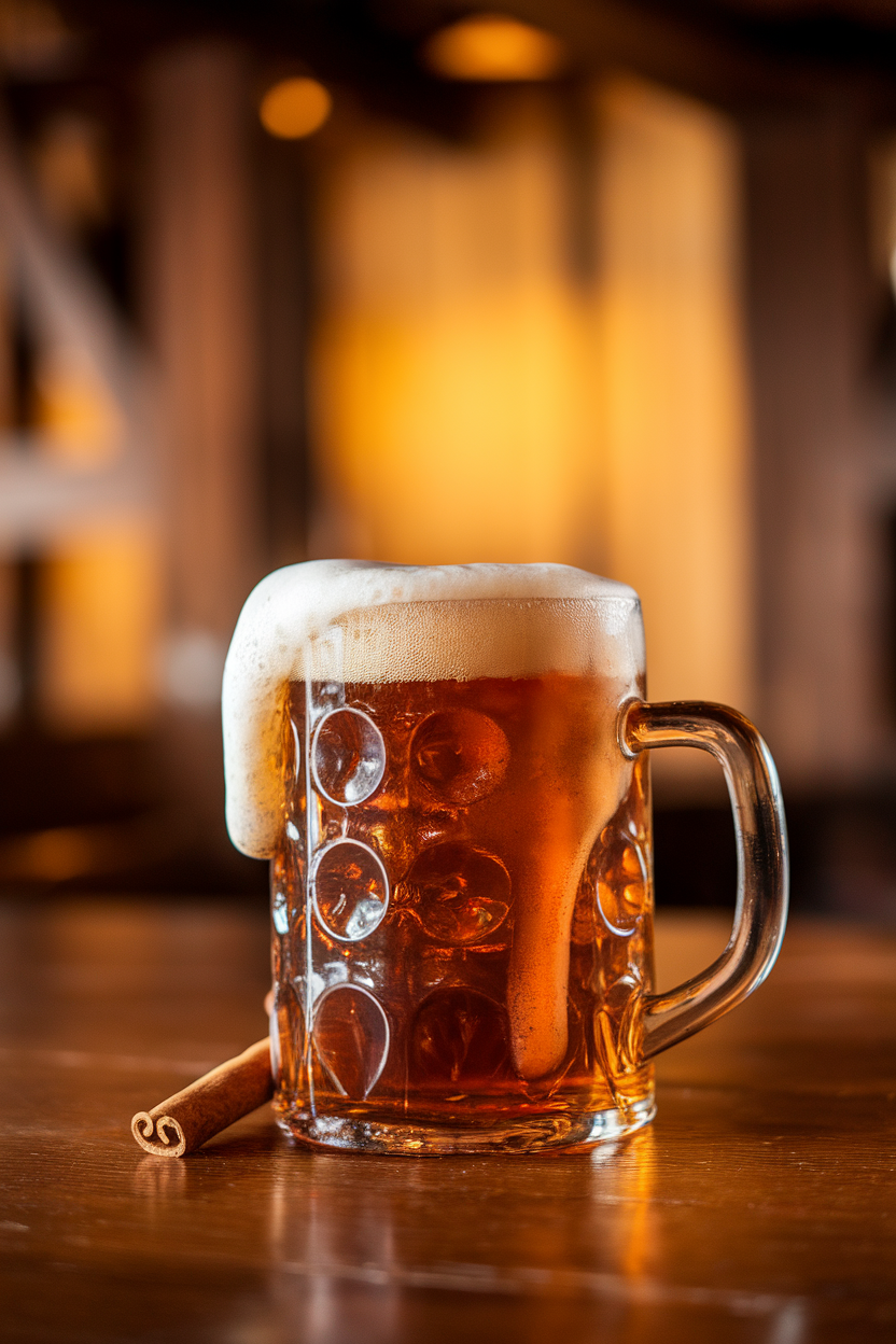 Indoor wooden pub table displaying frothy amber mug, butterscotch foam spilling over, cinnamon stick alongside. No logos or text present. Photo, not illustration.