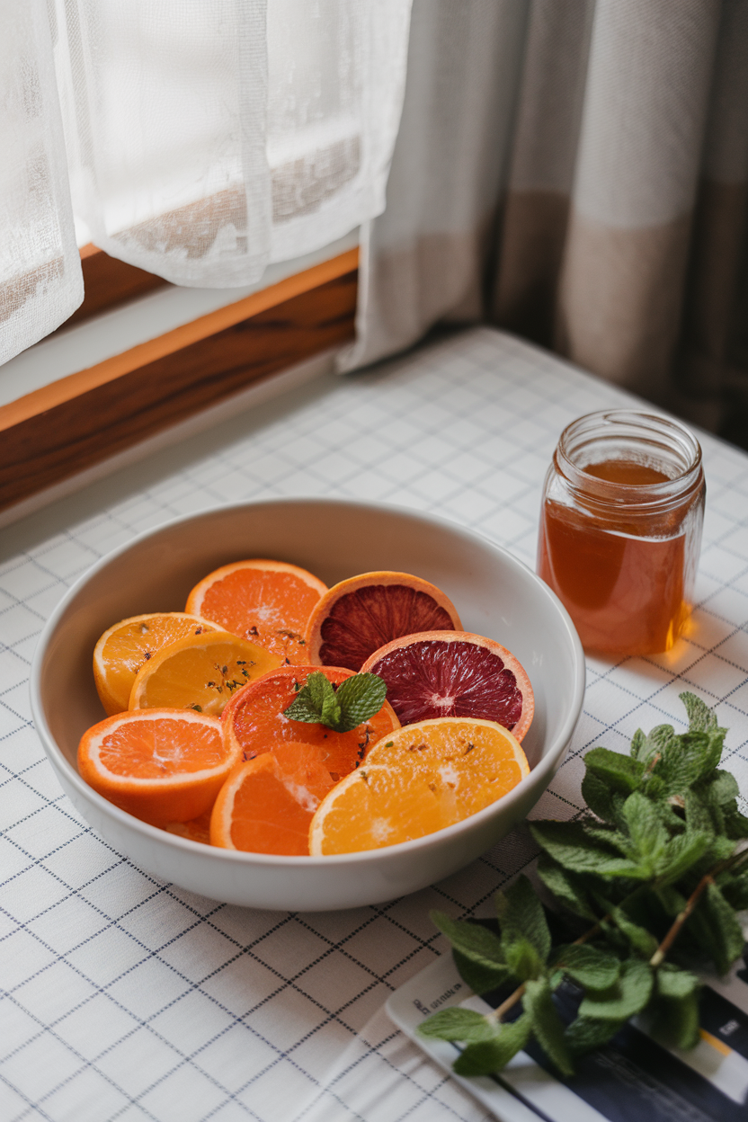 Photo of a bowl featuring segmented orange, grapefruit, and blood orange drizzled with honey and sprinkled with mint, indoor breakfast table. No text or logos visible.