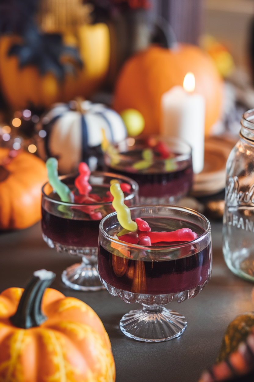 Clear indoor glass bowls filled with dark grape gelatin, gummy worms half submerged, set on a party table. Photo only, no text or logos.