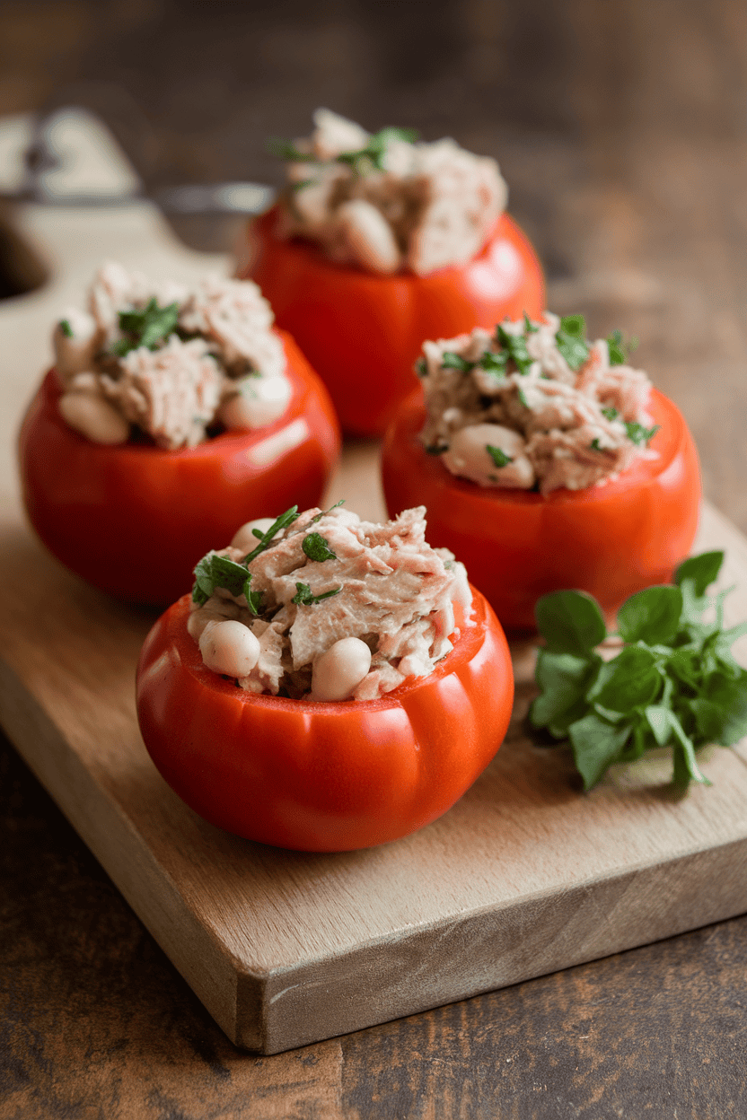 Photo of hollowed ripe tomatoes on a cutting board, filled with a mixture of canned tuna, white beans, and herbs, shot indoors, no text or logos.