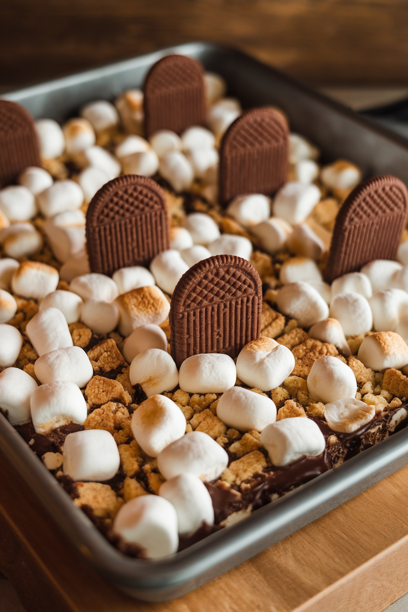 Photo of a baking dish of s’mores bars topped with half-melted marshmallows and chocolate cookie tombstones, indoor lighting, no logos or text.