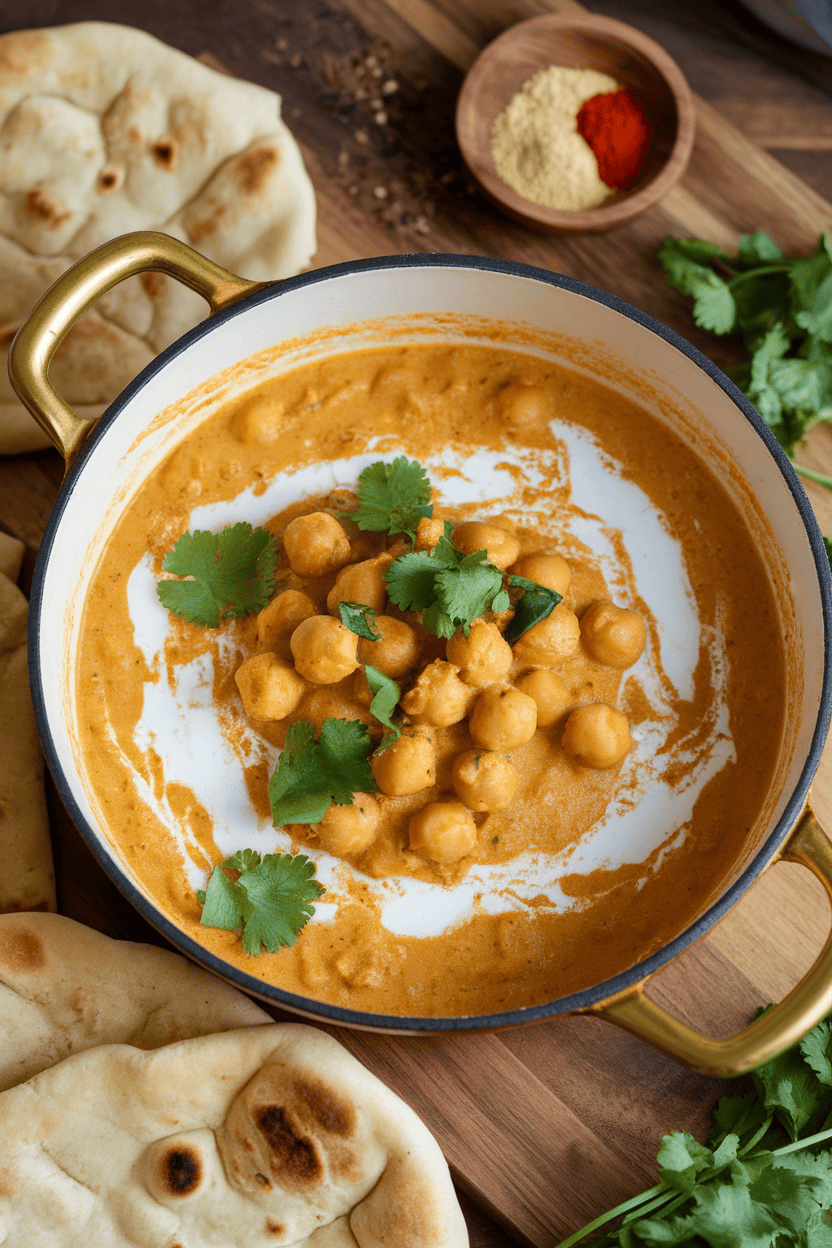 Indoor photo of creamy chickpea curry with coconut milk in a small Dutch oven, garnished with cilantro; no text or logos.