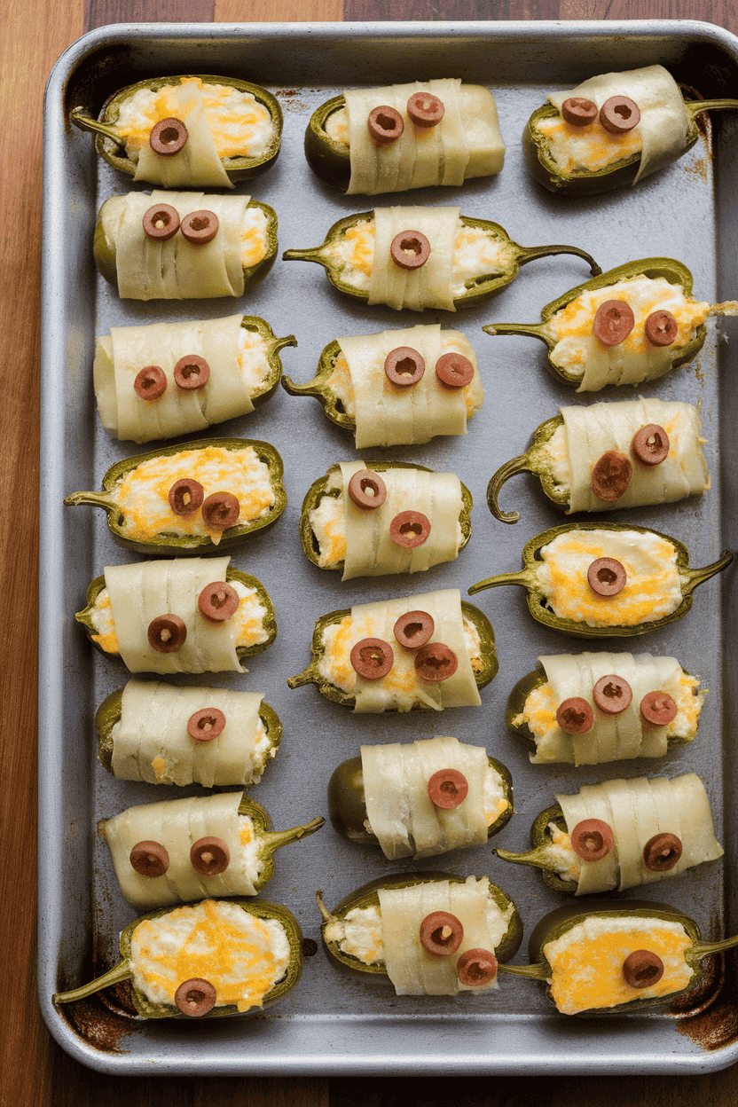 Indoor baking tray of jalapeño halves stuffed with cheese, wrapped in thin pastry strips, and dotted with tiny olive eyes. No logos or text.