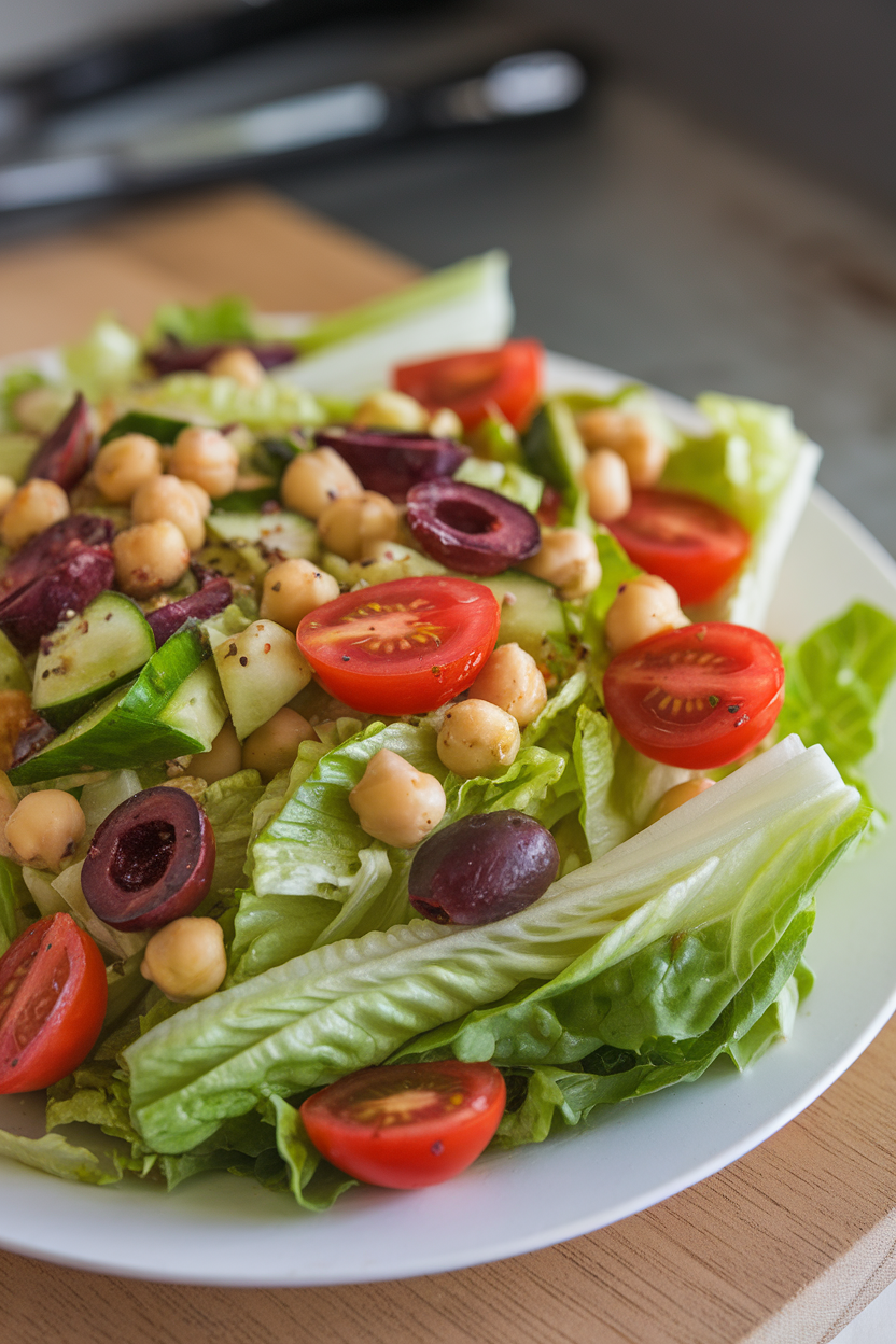 Indoor photo of a Mediterranean salad with romaine, cherry tomatoes, cucumber, olives, and chickpeas tossed in olive oil dressing; no text or logos