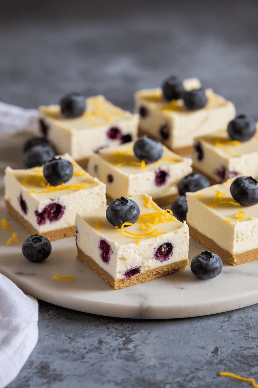 Indoor photo of creamy cheesecake bars swirled with blueberries and lemon zest, served on a marble platter, no text or logos