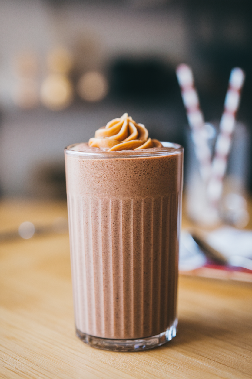 A tall indoor glass filled with a chocolate-brown smoothie, peanut butter swirl visible on top, shot from a slight side angle. No text or logos present.