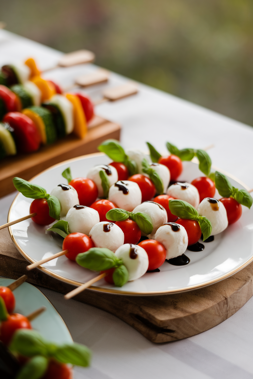Indoor appetizer plate with bamboo picks skewering mozzarella balls, basil leaves, and cherry tomatoes, each tomato dotted with a balsamic pupil. Photo, no text or logos.