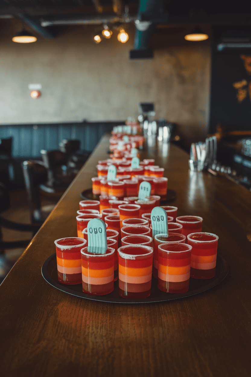 A dim indoor bar scene with layered red-to-orange jello shots that mimic a sunrise, small candy tombstone toppers inserted, no logos