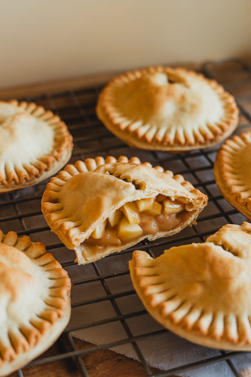 Indoor photo of golden hand pies with crimped edges, one broken open to reveal apple filling, set on a baking rack. No text or logos.