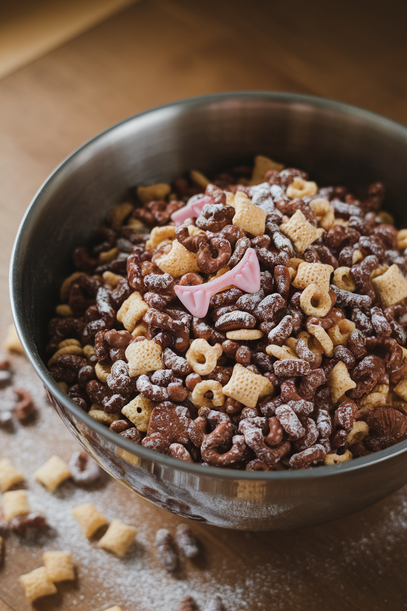 A large indoor mixing bowl filled with chocolate-coated cereal snack mix dusted in powdered sugar and dotted with candy fangs. Photo only, no text or logos.