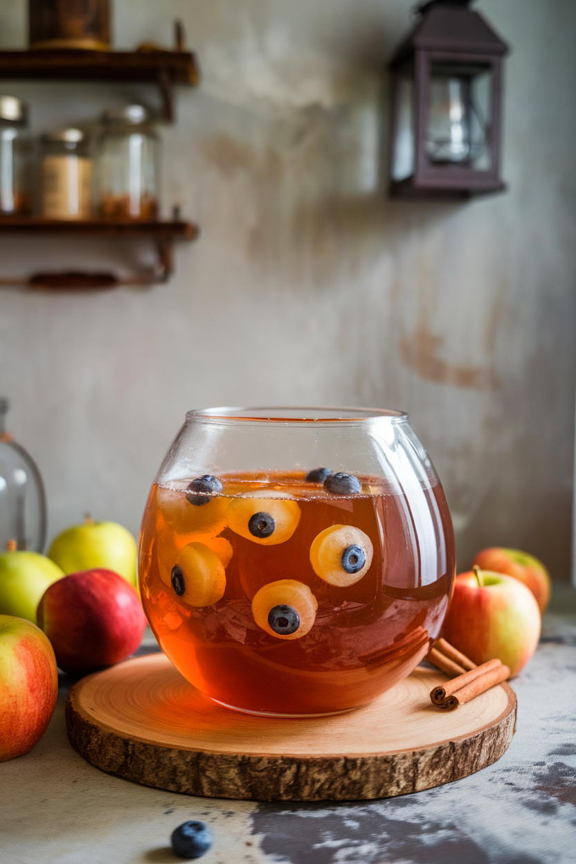 Indoor photo of amber apple cider in a clear punch bowl with peeled grape “eyeballs” floating, each centered with a blueberry pupil. No text or logos present.