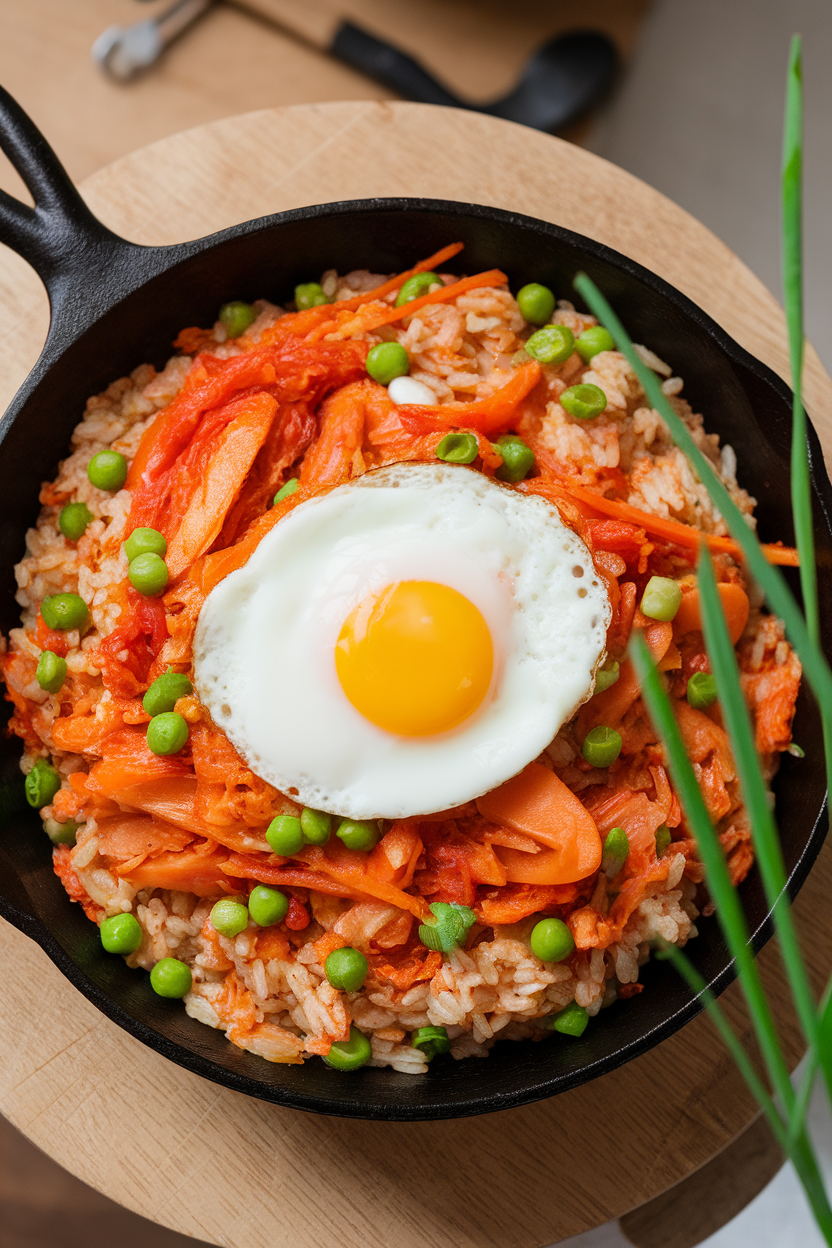 Indoor photo of a cast-iron skillet filled with brown rice tossed with vibrant kimchi, peas, and sliced carrots, topped with a sunny-side egg. Overhead view, no text or logos.