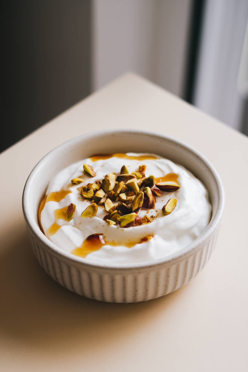 A white ceramic bowl on an indoor breakfast table filled with thick Greek yogurt drizzled with honey and sprinkled with chopped pistachios, shot at a three-quarter angle. No text or logos included.