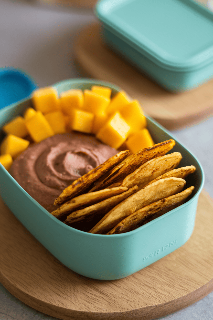 Indoor image of smooth black bean dip, baked plantain chips stacked neatly, and diced mango in a lunch container; no text or logos.